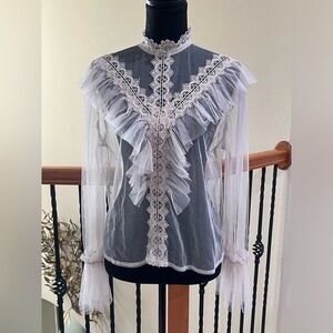 L. I. F. E VICTORIAN STYLE TULLE BLOUSE W/ LACE TRIM, BLUSH SIZE L